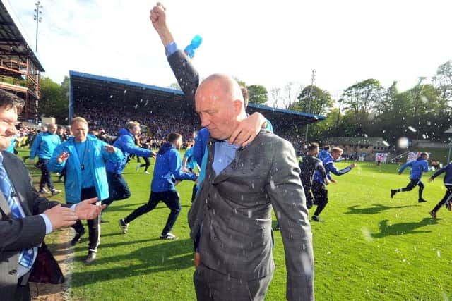 Billy Heath celebrates his side's win in 2017's play-off final against Chorley