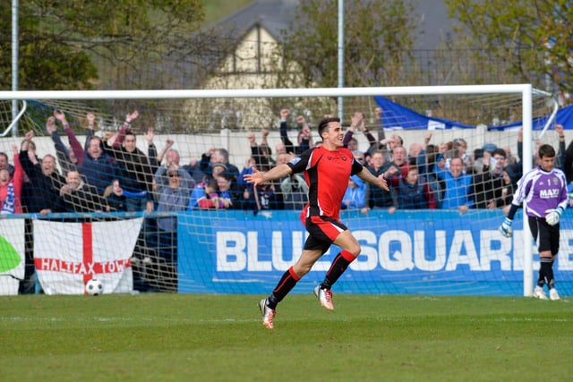 Lee Gregory celebrates his goal in Town's semi-final second-leg victory at Guiseley in 2013