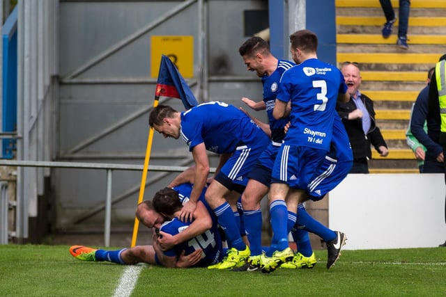 Town celebrate scoring in their semi-final second-leg against Salford in 2017