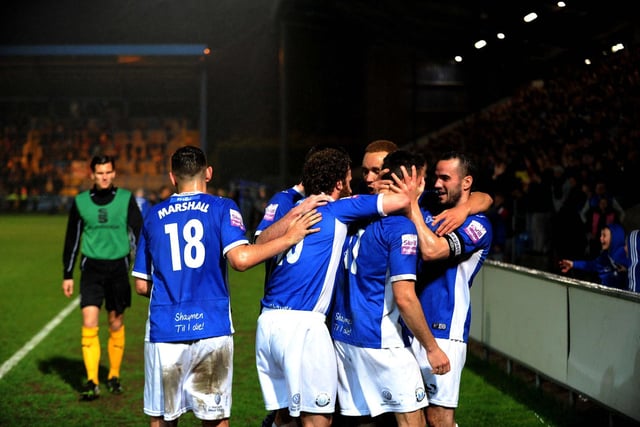 Town celebrate Lee Gregory's goal in 2014's semi-final first-leg