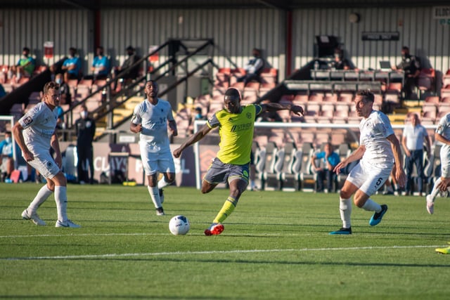 Tobi Sho-Silva gave Halifax the lead in their 2020 play-off eliminator at Boreham Wood, before the hosts came back to win. Photo: Marcus Branston