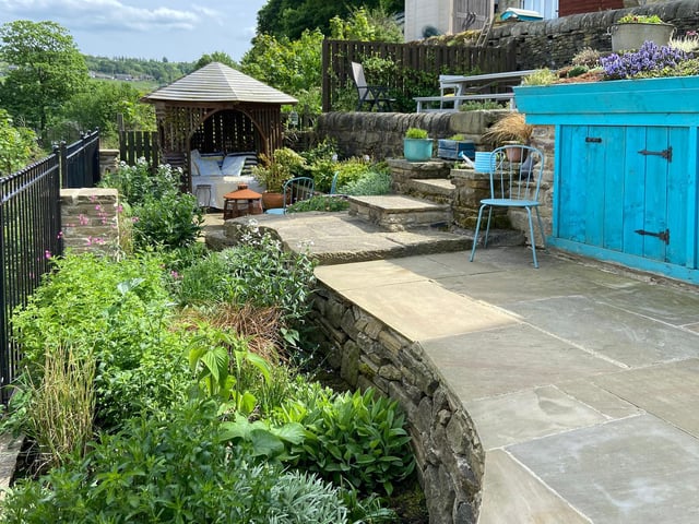 A gazebo is a facility on one level of the gardens.