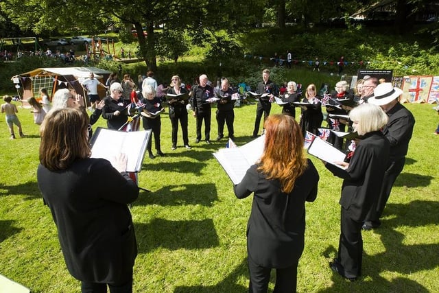 Platinum Jubilee Garden Party at Clay House Park, Greetland. Out of the Box sing the National Anthem.