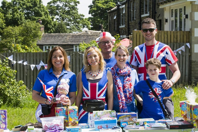 Platinum Jubilee Party at Woodhouse Park, Brighouse. Focus for Hope lucky dip stall, from the left, Lidia Shinwell, Louise Reed, George Salter, Laura Newton, Oli Newton and Will Newton, eight.