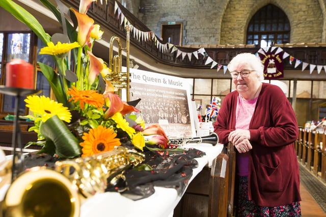 Christ Church, Sowerby Bridge, Platinum Jubilee flower festival. Angela Wilkins with one of her displays.