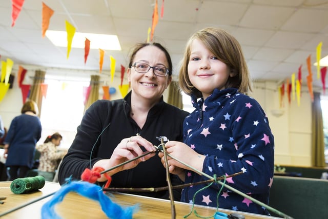 Outdoor crafts at Wadsworth Community Centre, Old Town, Hebden Bridge. Mum Stacey Wilkinson with Ishbel Beesley, seven.