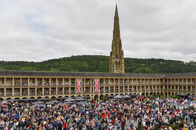 Crowds celebrating the jubilee at The Piece Hall in Halifax. Photo by Ellis Robinson
