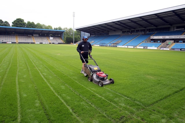New grass on the Shay pitch gets its first mow of the summer.