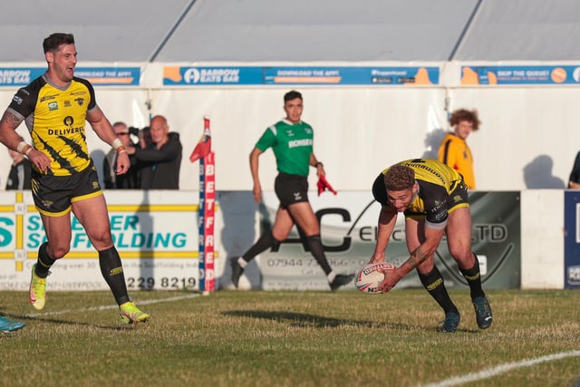 James Woodburn-Hall scores a try for Halifax Panthers in the win at Barrow Raiders. Picture: Simon Hall