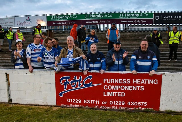 Halifax Panthers' fans enjoy the win at Barrow Raiders. Picture: Simon Hall