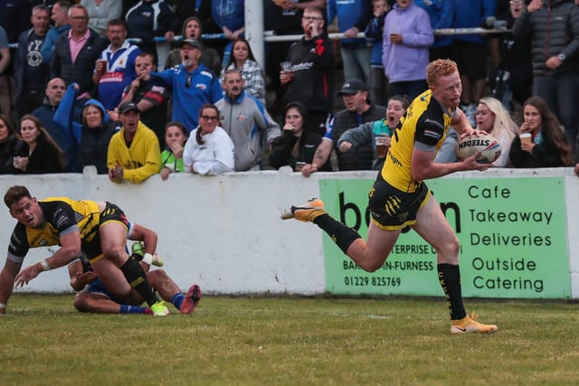 Lachlan Walmsley scores for Halifax Panthers. Picture: Simon Hall