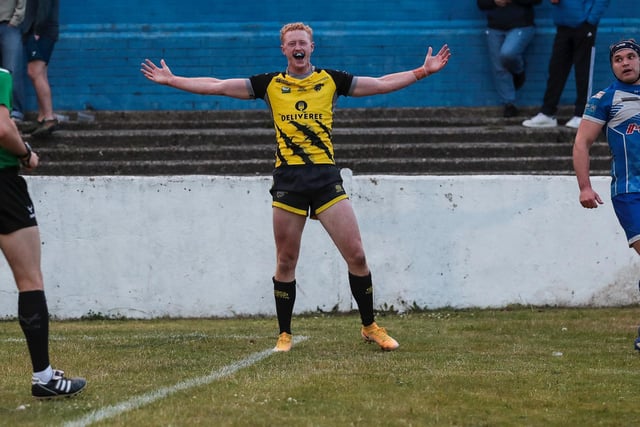Lachlan Walmsley celebrates scoring at Barrow Raiders. Picture: Simon Hall