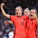 Beth Mead of England celebrates scoring their side's second goal with teammates Lauren Hemp during the Women's International friendly match between England and Netherlands at Elland Road on June 24, 2022. (Photo by George Wood/Getty Images)