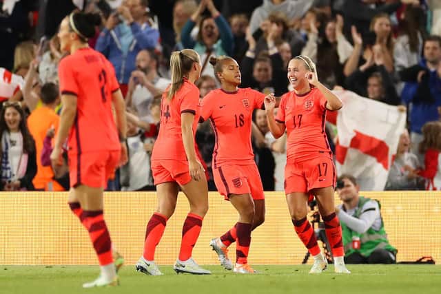 Beth Mead of England celebrates scoring their side's fifth goal with teammates Georgia Stanway and Nikita Parris during the Women's International friendly match between England and Netherlands at Elland Road on June 24, 2022. (Photo by Lewis Storey/Getty Images)
