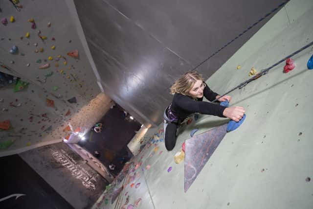 A climber on the Lead Wall at ROKT Climbing Centre, Brighouse