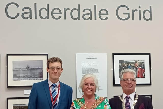 Mayor of Calderdale, Cllr Angie Gallagher and Consort, Mr Jim Gallagher, with curator, Eli Dawson.