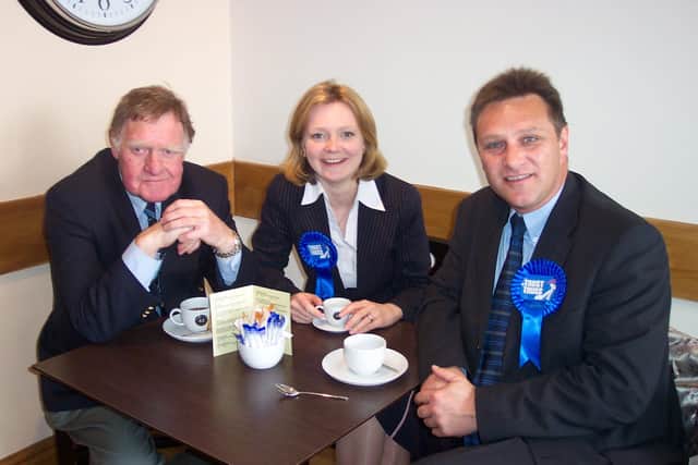 Flashback to 2005: Sir Bernard Ingham (left) with Liz Truss and the then party chairman (now Calder Valley MP) Craig Whittaker canvassing in Brighouse.