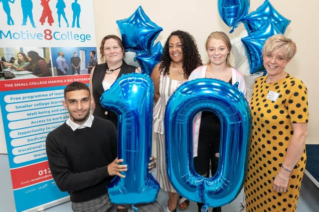 Celebrating Motive8’s 10th anniversary, Directors Moy Grange and Melissa Simpson, Luci Fallon (learner), Vicky Metcalfe (Motive8 Board of Trustees) and foreground Ciaran Saleem (learner).