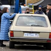 Emilia Clarke and Kingsley Ben-Adir seen on set during filming at The Piece Hall in Halifax (Getty Images)