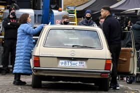 Emilia Clarke and Kingsley Ben-Adir seen on set during filming at The Piece Hall in Halifax (Getty Images)