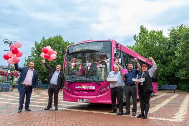 Transdev CEO Alex Hornby, Operations Director Vitto Pizzuti, and from Team Pennine, Lead Driver Dave Bostock, Service Delivery Manager Kash Mughal and Driver Amanda Furness