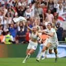 Chloe Kelly celebrates her winning goal for England Lionesses on Sunday at Wembley