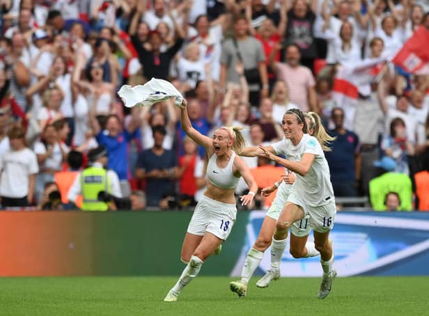 Chloe Kelly celebrates her winning goal for England Lionesses on Sunday at Wembley
