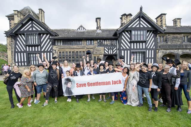 The flash mob for Save Gentleman Jack in front of Shibden Hall.