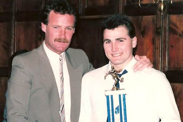Mick Jones presents Dave Longhurst with his Player of the Year award for 1985-86. Photo: Johnny Meynell