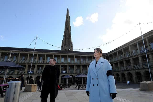 Nicky Chance-Thompson, the Chief Executive of the Piece Hall Trust, and James Mason, the Chief Executive of Welcome to Yorkshire, at the reopening of the 18th century Halifax landmark