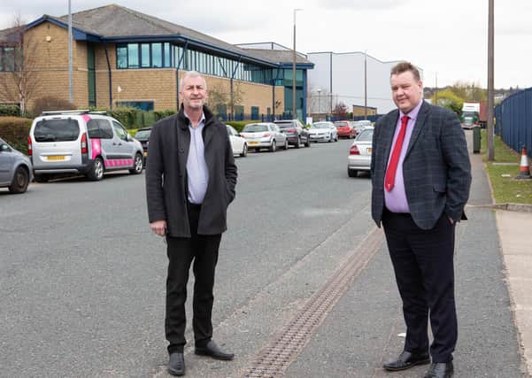 Alisdair Couper MD of Terberg and Steven Chambers MD of the Waddington Ledger Group, at Lowfields Business Park, Elland, sick and tired of lack of action over anti social behaviour, namely cars racing on the estate