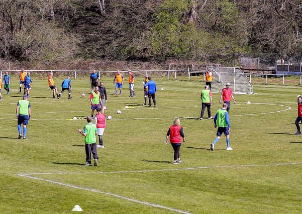 Mark Duffy Football School hosts first Walking Football session, Halifax, England on 19 April 2021. Photo by Sam Fielding / SLF Studios