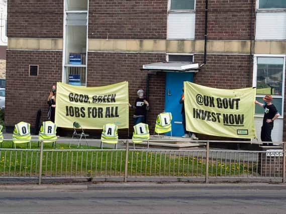 Green New Deal campaigners’ “green jobs queue” at Calder Valley MP Craig Whittaker’s office