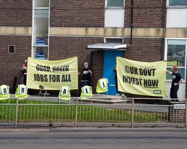 Green New Deal campaigners’ “green jobs queue” at Calder Valley MP Craig Whittaker’s office