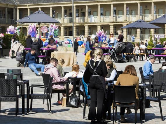 Crowds flocked to The Piece Hall, Halifax when restrictions were lifted.