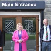 Rachel Oates from the  Community Foundation for Calderdale (CFFC), together with Heath RUFC President David Meir and Chairman Paul Sutcliffe, at a recent visit to the club.