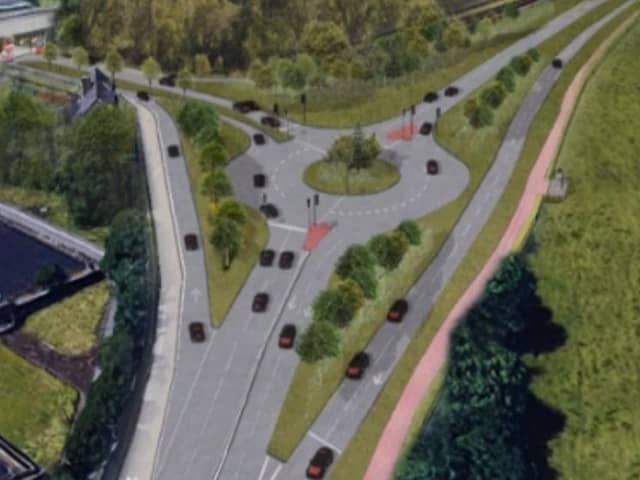An artist’s impression of the re-modelled Cooper Bridge roundabout and new slip roads set to be put out to public consultation next week