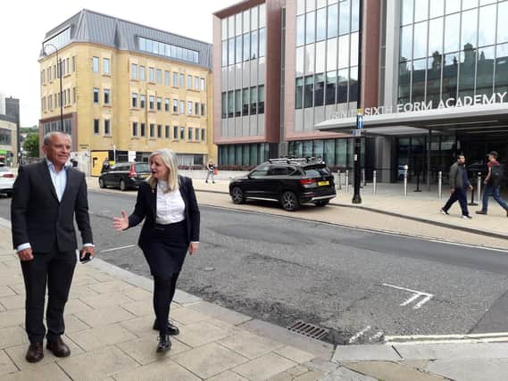 West Yorkshire Metro Mayor Tracy Brabin with Calderdale Council’s Chief Executive, Robin Tuddenham, next to the borough’s new Sixth Form Centre. Picture: Calderdale Council