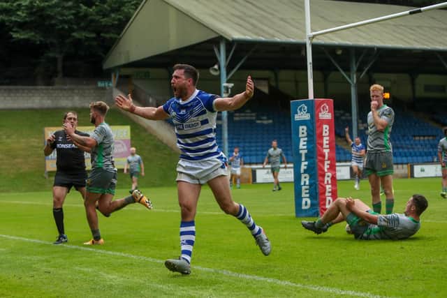 Matt Garside celebrates scoring the match-securing try for Halifax Panthers in the 14-4 win over Whitehaven. Picture: simonomhrugbypics.