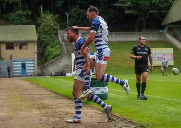 Matt Garside celebrates scoring the match-securing try for Halifax Panthers in the 14-4 win over Whitehaven. Picture: simonomhrugbypics