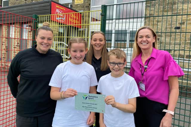Emily Heckler (Sports Coach), Ava, Charlotte Ellis (PE, School Sport and Physical Activity Officer, Yorkshire Sport Foundation), Jack, and Sharon Harwood (Headteacher, New Road Primary School)