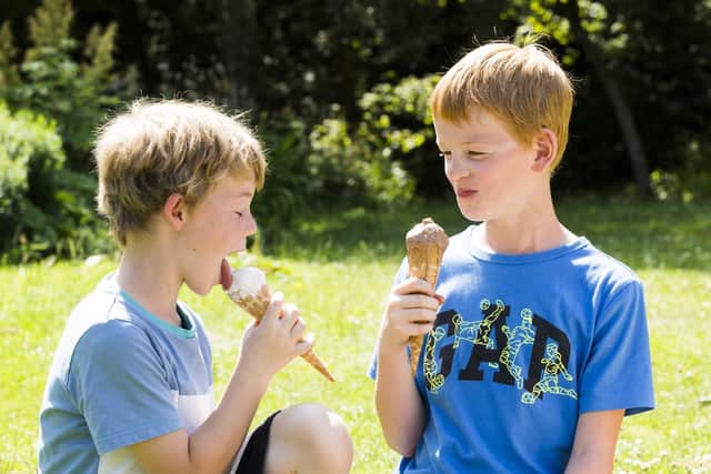 Brothers Milo Strachen, eight, and Sammy Strachen, 10, enjoy an icecream in the sun at Calder Holmes Park, Hebden Bridge.