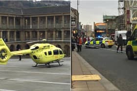 The Yorkshire Air Ambulance lands in the Piece Hall