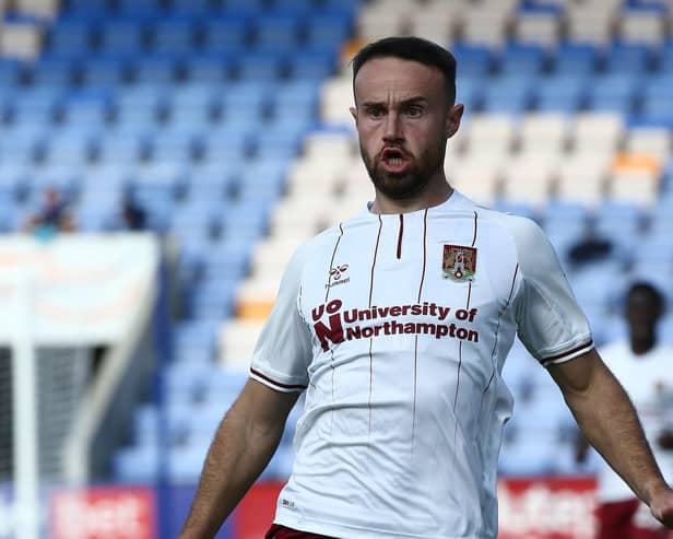 SHREWSBURY, ENGLAND - SEPTEMBER 19: Matt Warburton of Northampton Town in action during the Sky Bet League One match between Shrewsbury Town and Northampton Town at Montgomery Waters Meadow on September 19, 2020 in Shrewsbury, England. (Photo by Pete Norton/Getty Images)