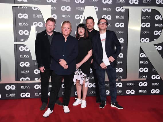 Phil Cunningham, Bernard Sumner, Gillian Gilbert, Tom Chapman and Stephen Morris of the band 'New Order'. (Photo by Jeff Spicer/Getty Images)
