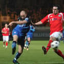 Actions from the game FC Halifax Town v Hyde United at the Shay
Shot on target for James Dean