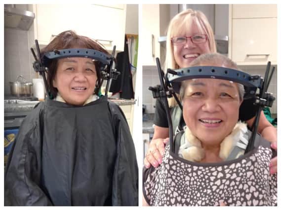 Sue Ng before and after her head shave