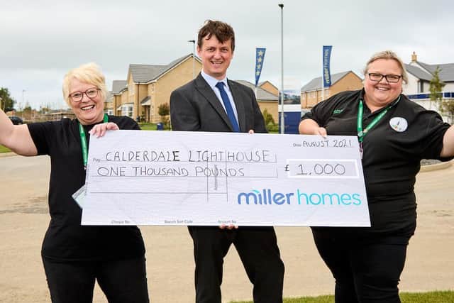 Miller Homes Yorkshire Community Fund 2021 recipients Calderdale Lighthouse. Pictured L-R Diane Barker, Chris Carlin of Miller Homes, Emma Poyser-Buxton.