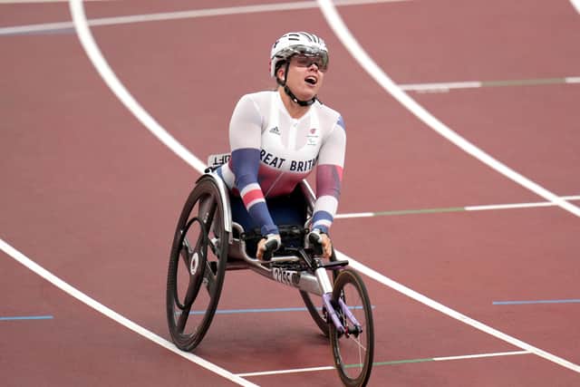 Yorkshire's Hannah Cockroft celebrates winning the  Women's 100 metres - T34 final at the Olympic Stadium in  Tokyo. Picture: Tim Goode/PA