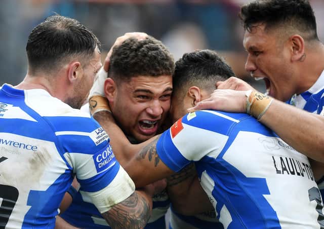 Halifax Panthers' James Woodburn-Hall made a try and scored the final try of four in Sunday's Betfred Championship defeat to Featherstone Rovers. Picture: Jonathan Gawthorpe/JPIMedia.